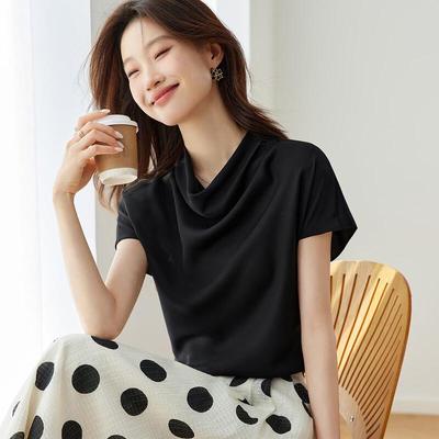 Srcr 22 Momme Silk Drape Neck Short Sleeve Top