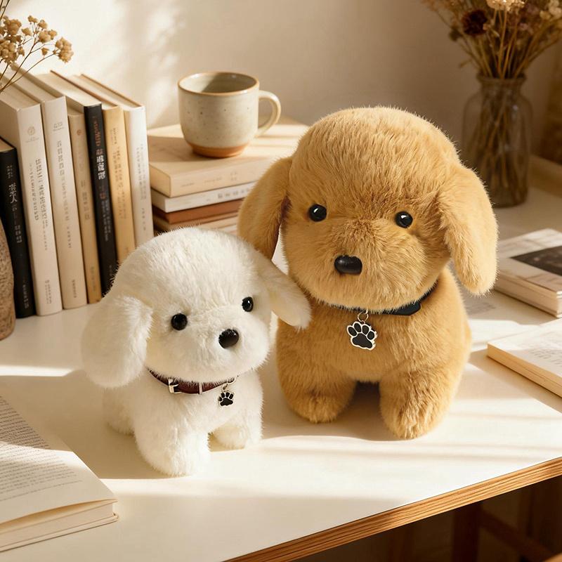 Cute Pet Puppy Plush Toys Delicate Handmade Sitting Pose Dog Doll Wearing Collar Lively Desktop Decor Warm Animal Throw Pillow