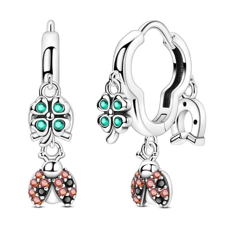 925 Sterling Silver Green Four Leaf Clover Horseshoe Charm Earrings Pendant Necklace Bracelet Jewelry Set
