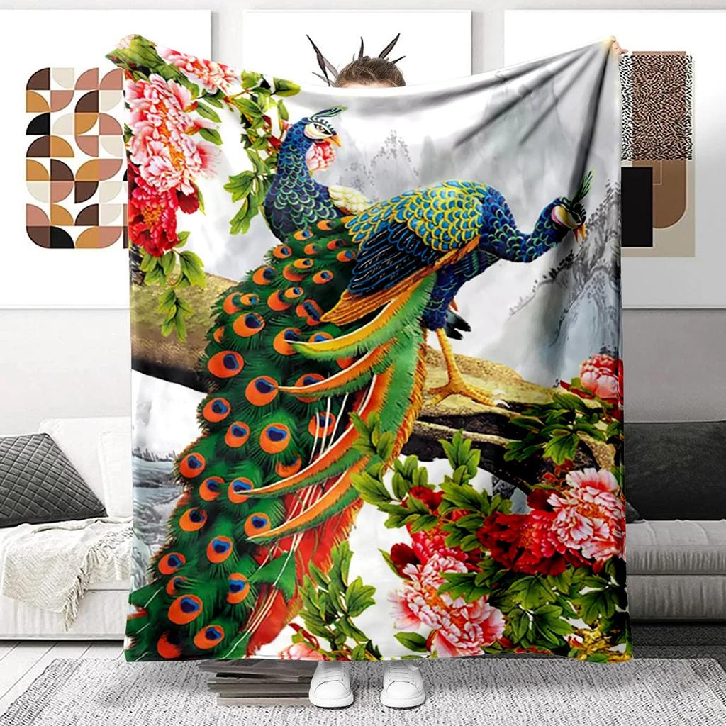 Colorful Peacock Picture Digitalprinted Polyester Bedroom Velvet Flannel Cover Blanket Fleece Soft Sofa Cover Blankets for Beds