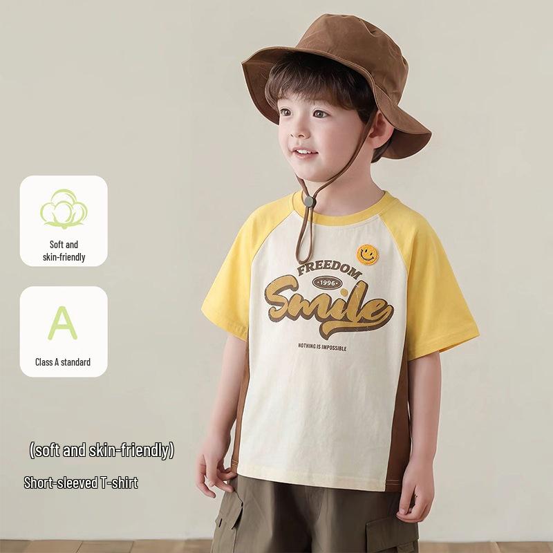 2026 Amerikanischer Buchstaben-Print Farbblock Rundhals Lockeres T-Shirt - Sommer Kurzarm Bestseller