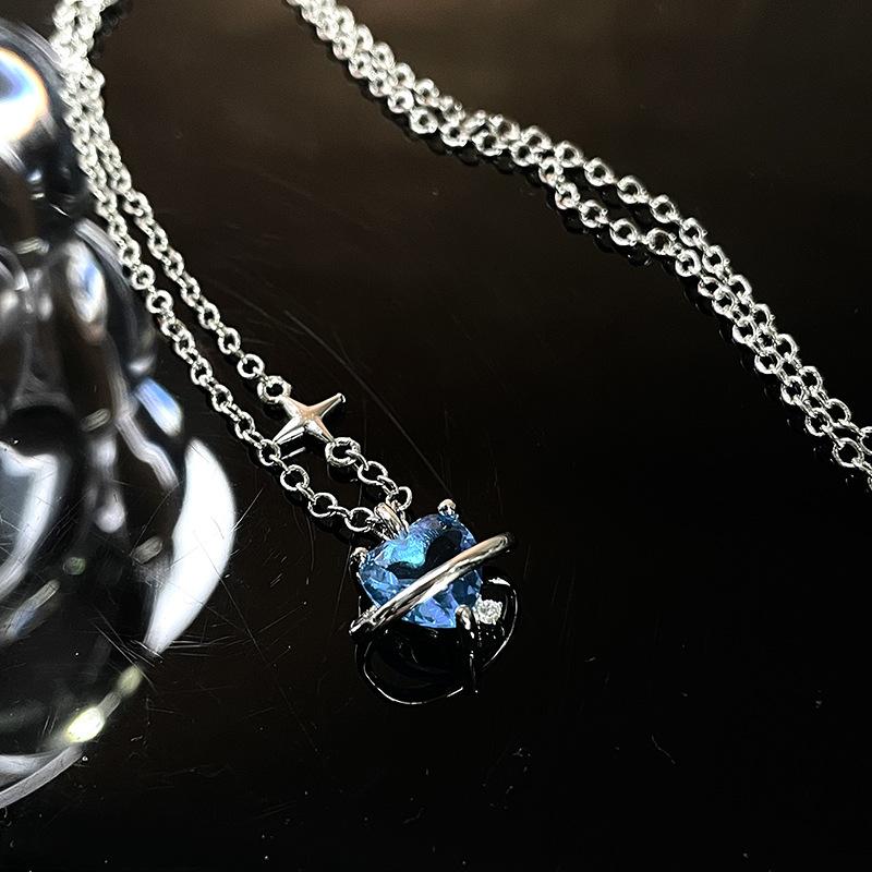Blue Ocean Heart Necklace Star Personality Niche Design Sense Cold Wind Flash Diamond Clavicle Chain Female