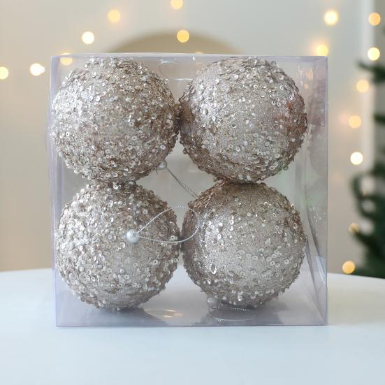 4 Pcs Christmas Ball Ornaments Glitter Sequin Shatterproof Foam Balls Decoration with Faux Pearl for Xmas Wedding Party Holiday Decor