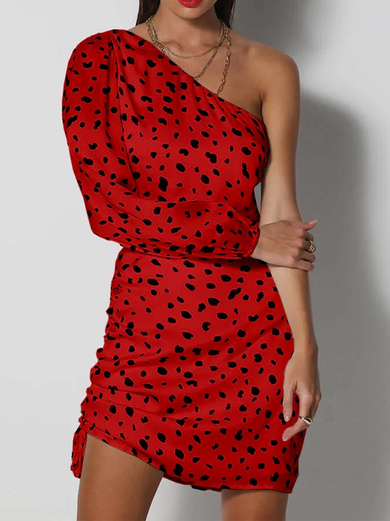Hottie Sexy Slanted Shoulder Single Sleeve Leopard Print Waist Hollow Fashion Hip Dress