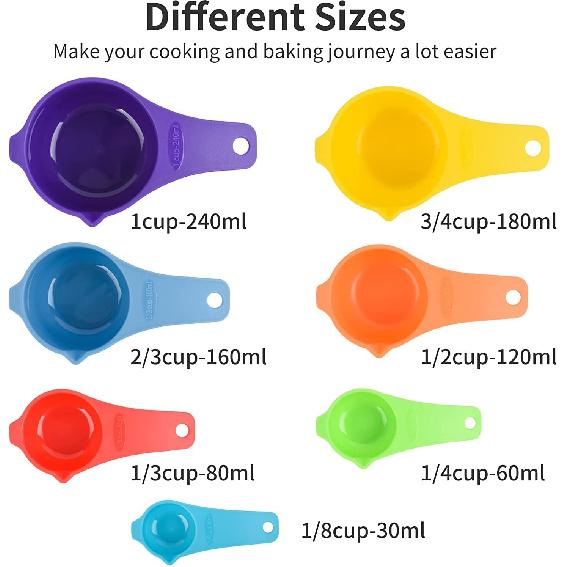Measuring Cups and Spoons Set 15, 7 Plastic Measuring Cup Set, 7 Spice Long Handle Measuring Spoons with 1 Leveler for Kitchen and Baking, Dry Metric