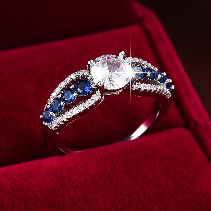 New Jewelry, Creative Hollowed-out Royal Blue Zircon Ring Women's Luxury Engagement Jewelry Straight
