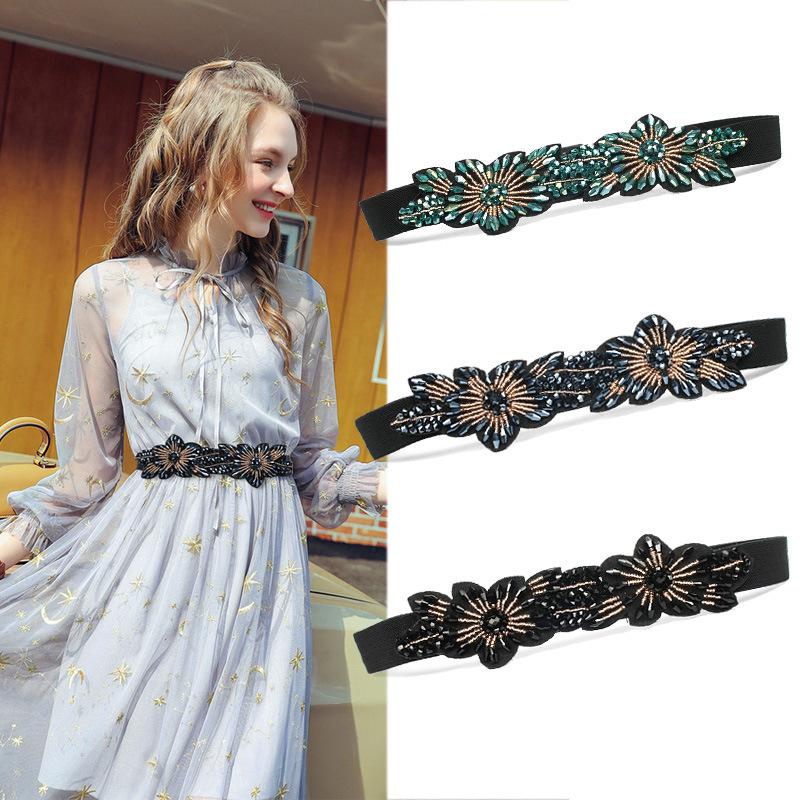 Women's Rhinestone Flower Elastic Waist Belt
