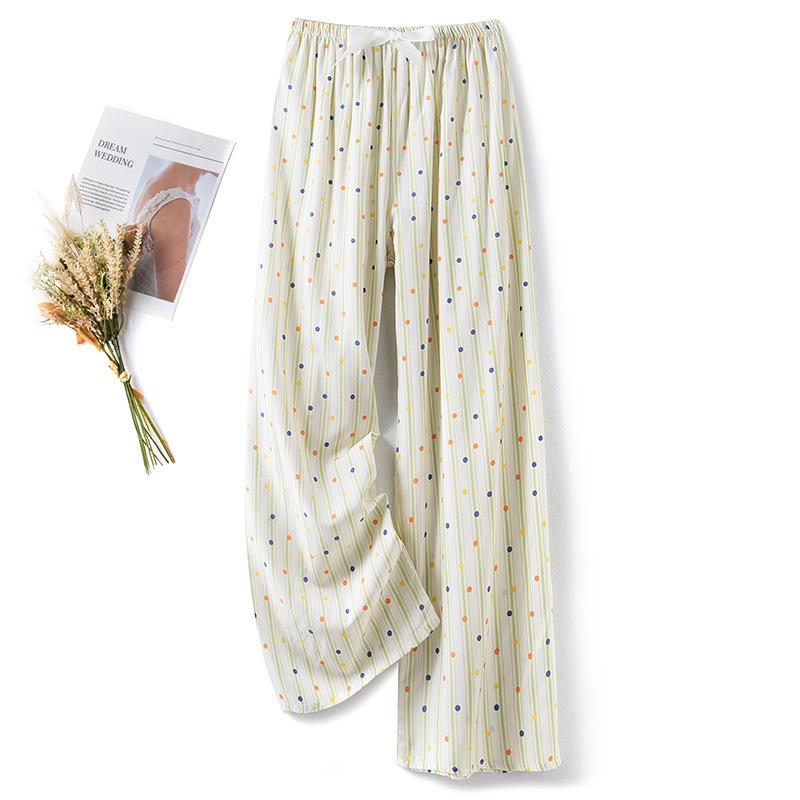 Pantaloni de pijama din bumbac mătase pentru femei, secțiune subțire de vară, anti-țânțari, pantaloni cu picior lat, culoare uni, pentru exterior, casă, petrecere a timpului liber, imprimeu, pantaloni de plajă până la genunchi