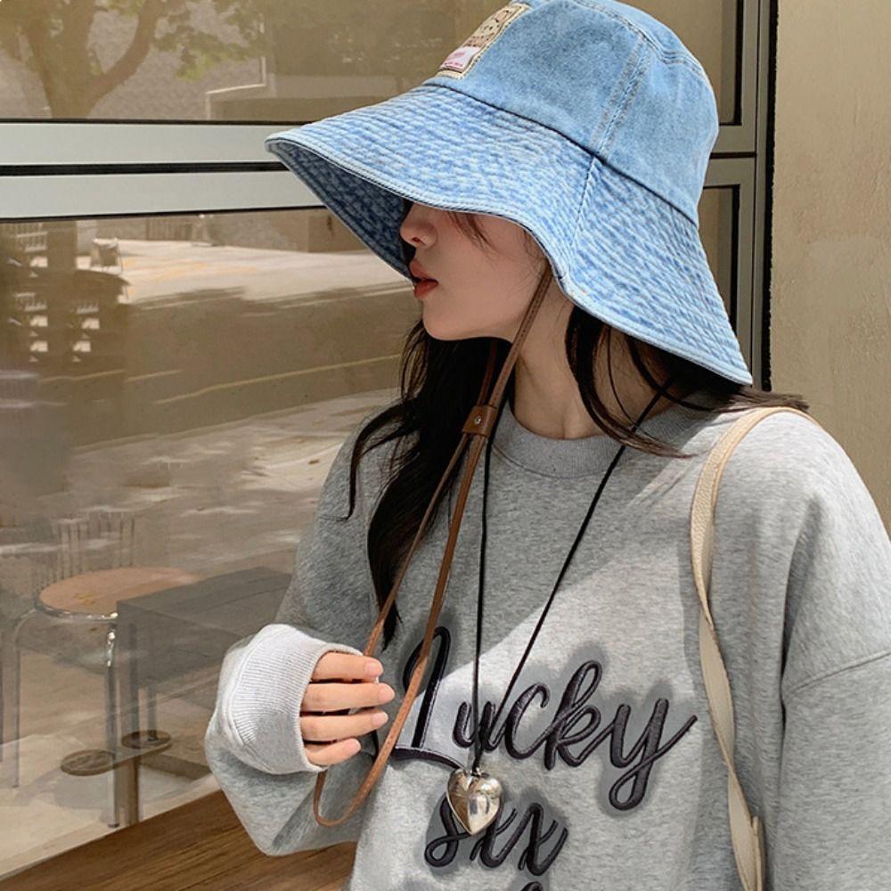 Hot Sun Protection Women Denim Bucket Hat Windproof Retro Big Brim Sun Hat With Drawstring All-match Sun Cap Spring
