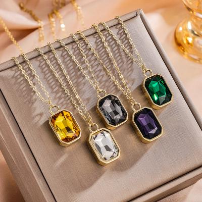 ZAKOL Green Purple Big Square Crystal CZ Pendant Necklace for Women Gold Color Chain Neckalces Collar Zircon Gift