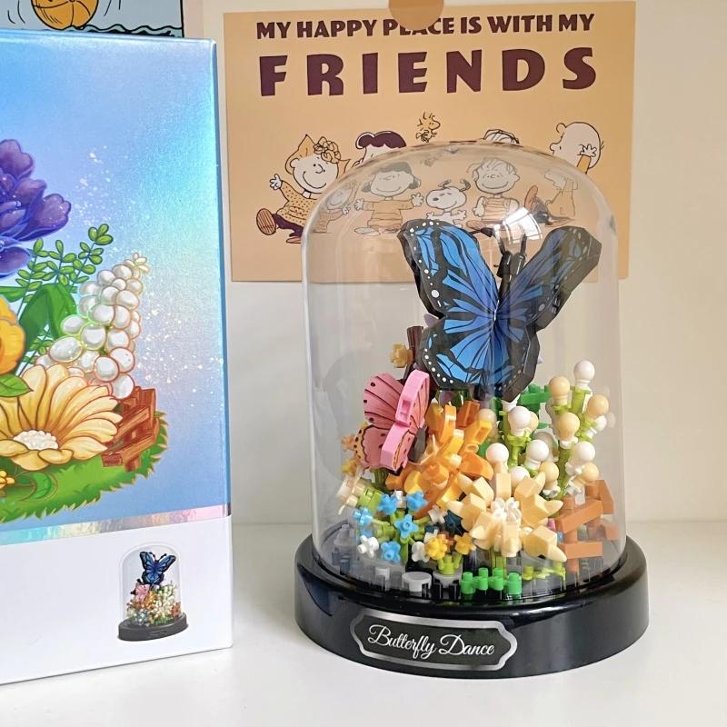 Bee Butterfly Flower Bonsai Stavební bloky Hmyz Rostlina Model v květináči Kostky s krytem proti prachu Dětská hračka pro kutily Vánoční dárek
