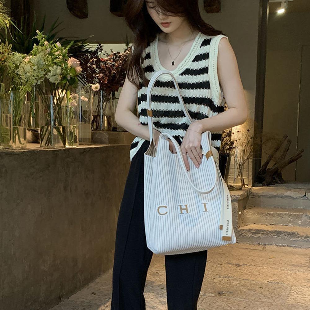 

Solid Color Shoulder Bag Large Capacity Messenger Bag Casual Stripe Tote Bag Women