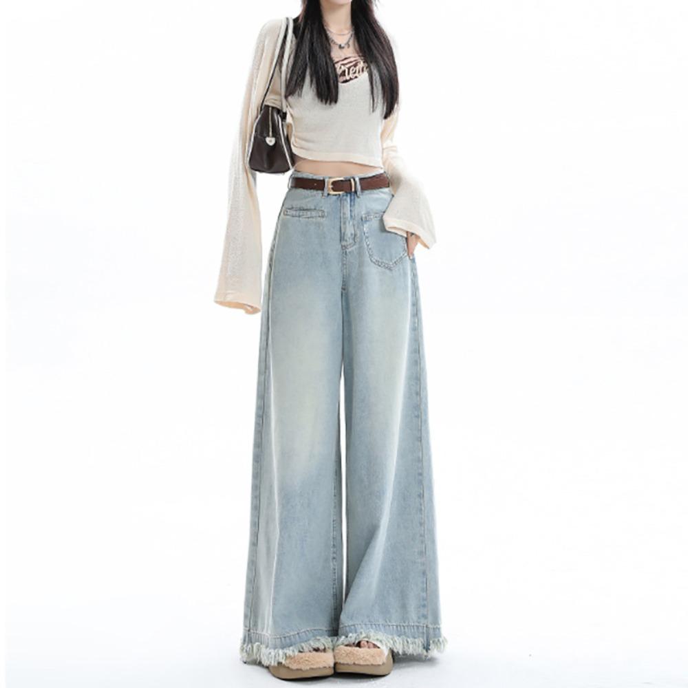 Jeans a Gamba Larga con Bordo Grezzo Stile Street Lazy Donna Nuovi per Primavera e Autunno Vita Alta Skinny Larghi Jeans a Spazzare il Pavimento