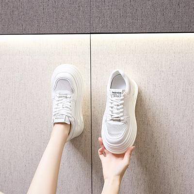 2025 New Leather Mesh White Shoes Women's Platform Korean Version Sports Shoes Women's Inner Height Increase Casual Lace-up Board Shoes Women