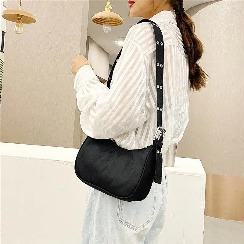 Casual Shoulder Bags For Women Black Waterproof Nylon Crossbody Bag Cool Girls Underarm Handbag Purse