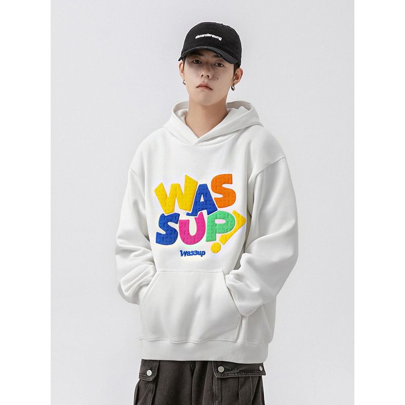 Wassup Trendy American-Style Heavyweight Letter Foam Sweatshirt for Men, Autumn and Winter Loose Fit Versatile Hooded Top Jacket