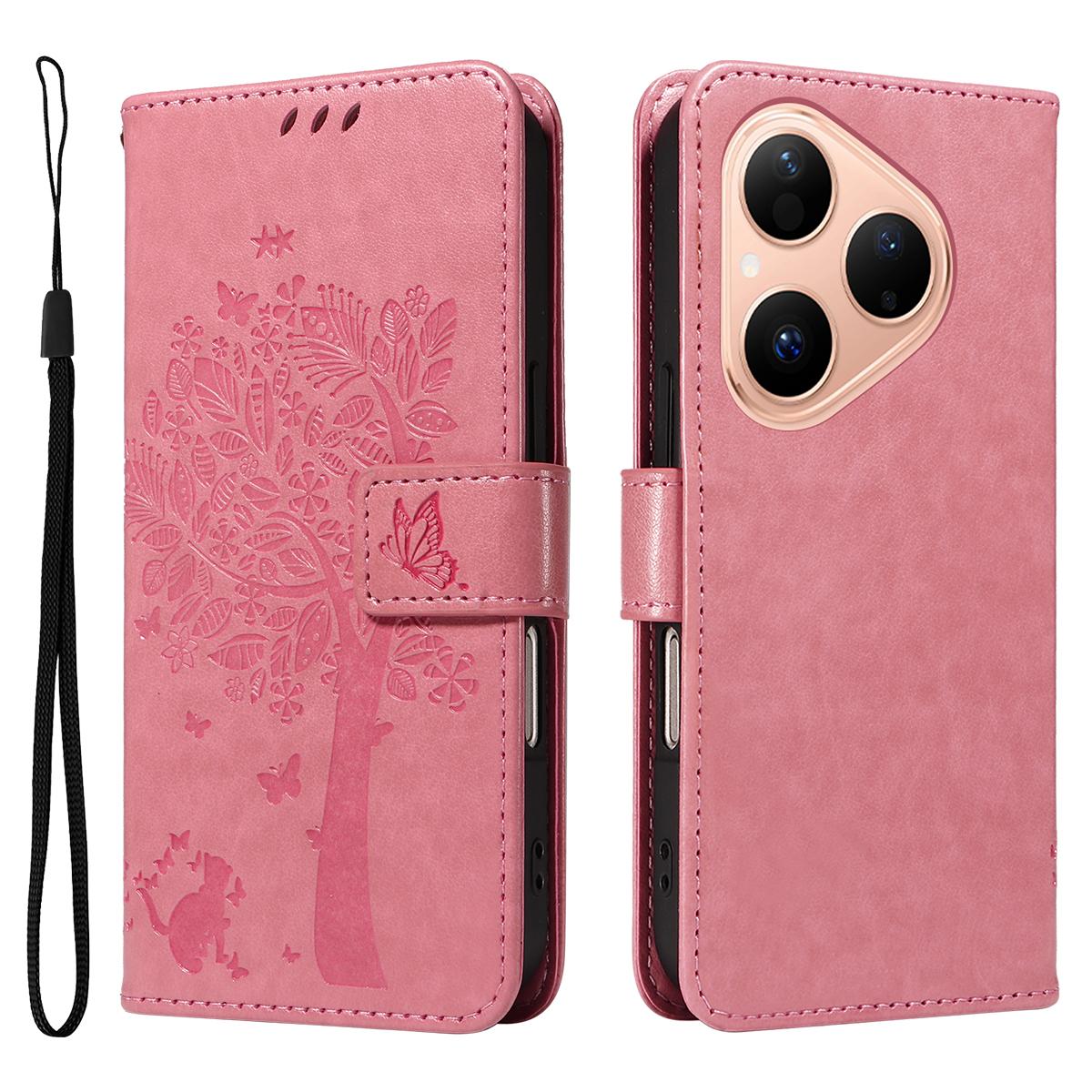 

For Huawei Pura 80 Phone Case with Stand Cat Tree Pattern Leather Wallet Mobile Cover Pink