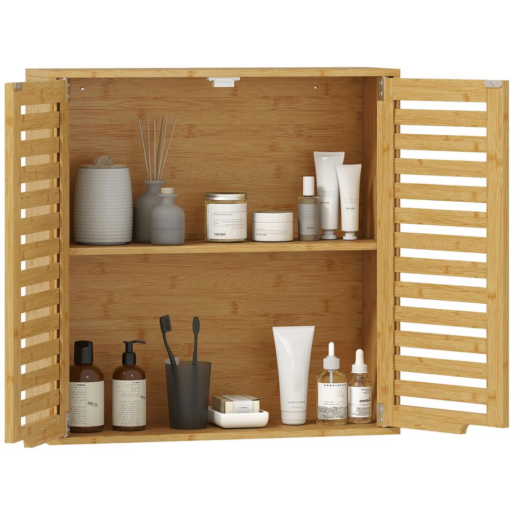 Bathroom Cabinet Wall Cabinet Made of Bamboo with Breathable Louvered Doors, Adjustable Shelf 60 X 20 X 60 Cm Natural Wood