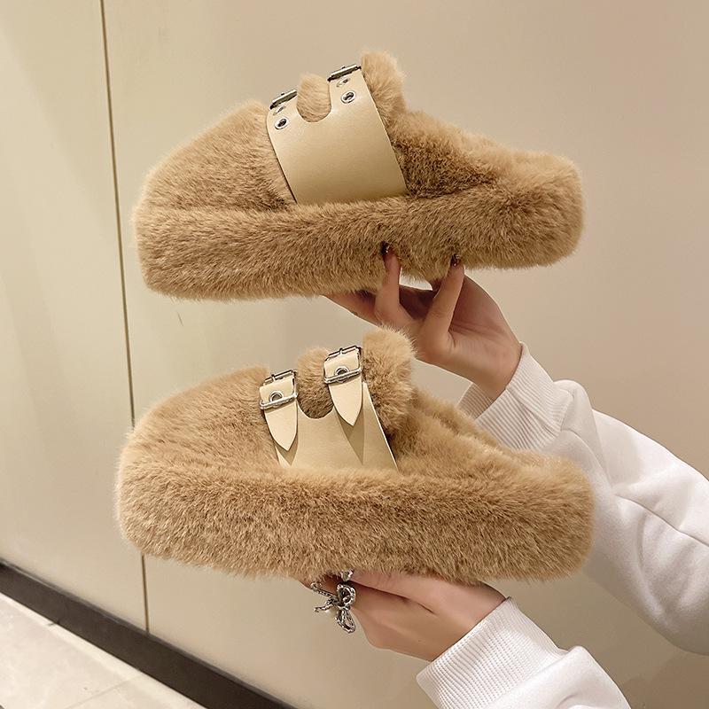 Niche design bag head fluffy slippers for women's autumn and winter wear 2025 new home furnishing piled thick-soled cotton slippers for women