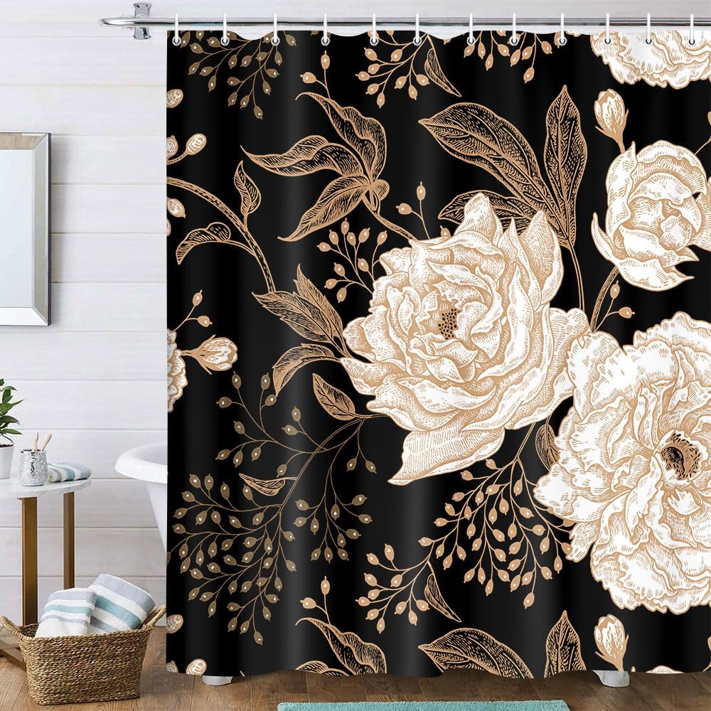 Torich Schwarzes Gold Florales Duschvorhang, Boho Dunkle Rosen Blätter Botanisch Ästhetisch Blume Duschvorhang für Badezimmer mit Haken