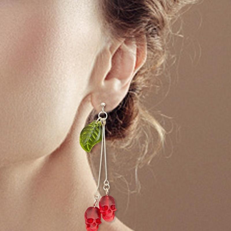 Gothic Skull Earrings in Fashionable Red Vampires Skull Style with Green Leaf Details for Fashion Forward Women