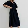 V-Neck Puff Sleeve Solid Color Long Dress – French Style Women's Fashion