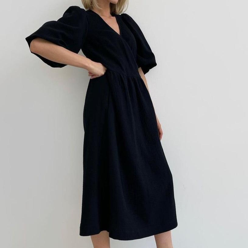 V-Neck Puff Sleeve Solid Color Long Dress – French Style Women's Fashion