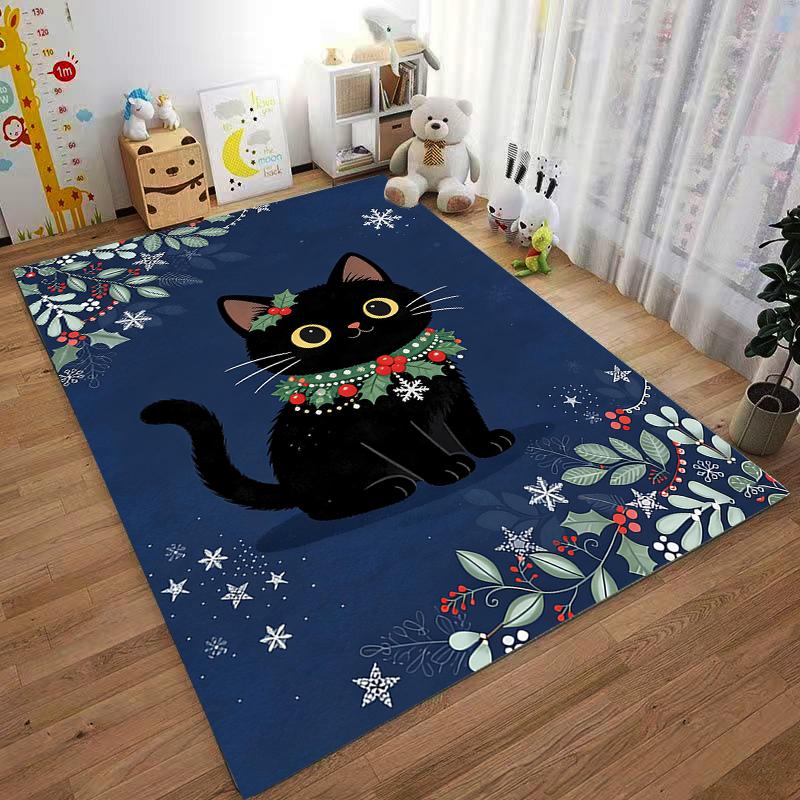 Black Cat Christmas Themed Carpet with Snowflakes and Holly Design Suitable for use as an anti-slip for living room bedroom sofas
