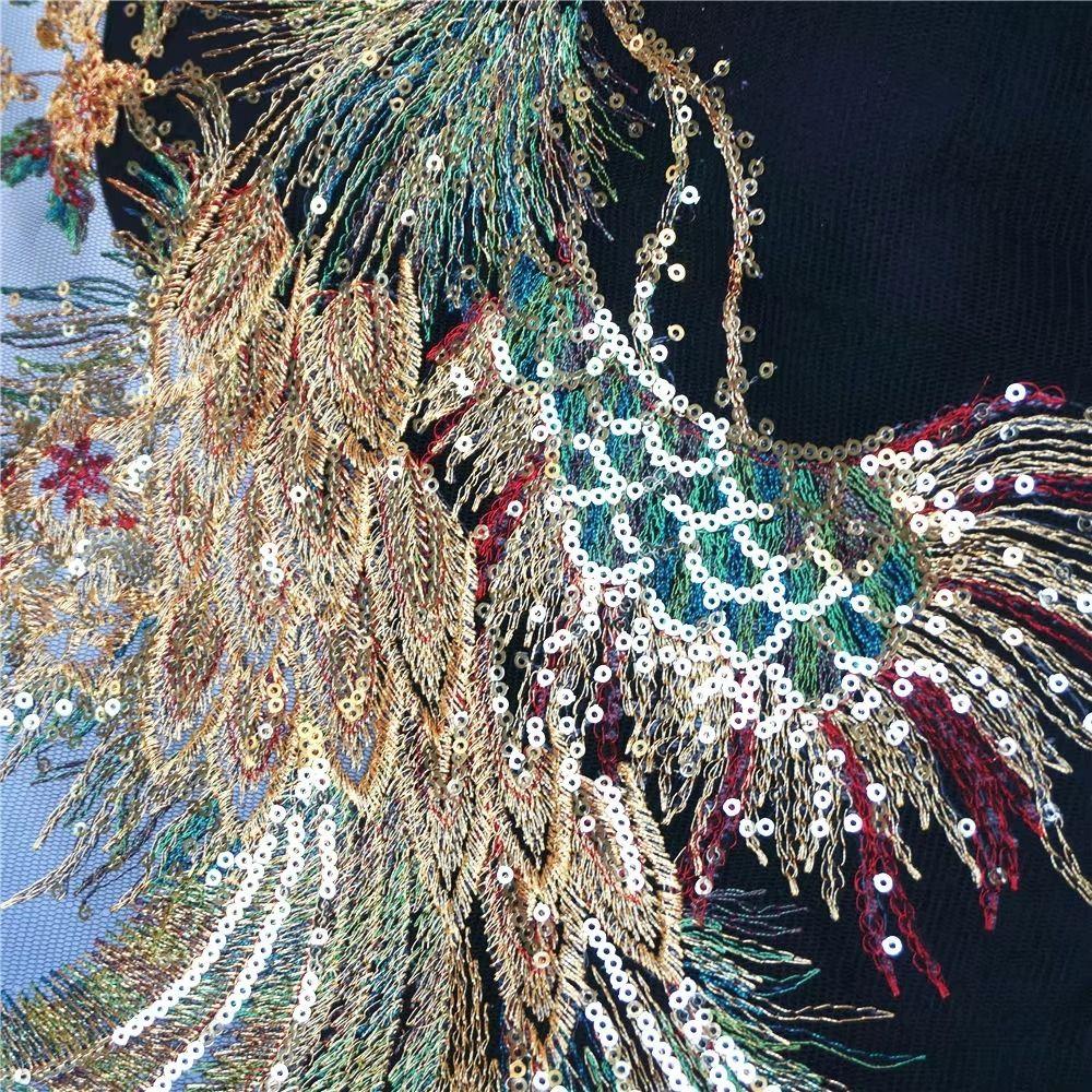 Peacock Phoenix Peacock Phoenix Appliques Black Mesh Lace Fabric Gown Appliques Gown Decoration