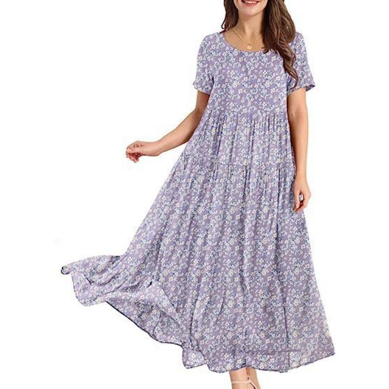 Women's Summer Beach MIDI Dress Comfortable Pleated Dress Casual Loose Floral Dress