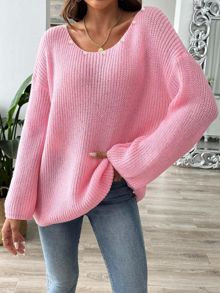 European & American Women's Loose One-Shoulder Bell Sleeve Beaded Sweater Top