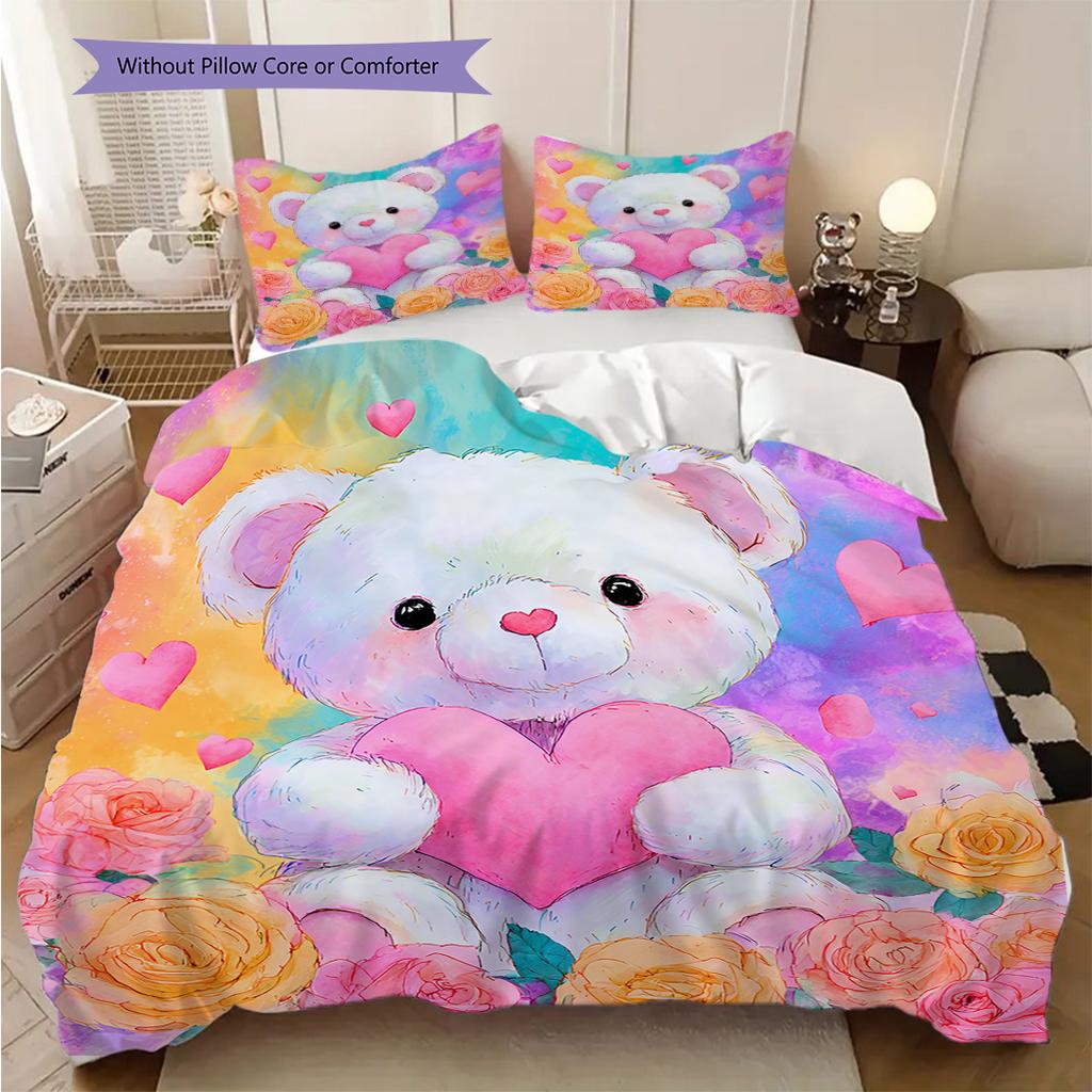 Bear Doll Pattern Bedding Quilt Set Quilt Cover Pillowcase Home Decoration Birthday Gift (1 * duvet cover + 2 * pillowcase, without core)
