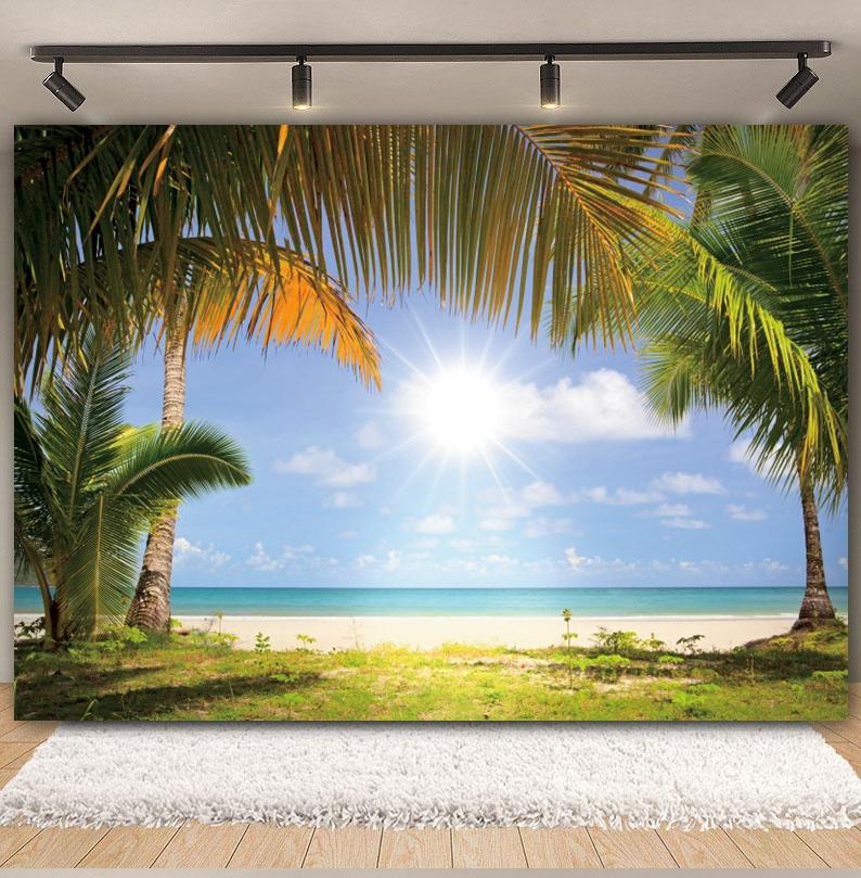 Tropischer Strand Hintergrund für Fotografie Sommer Hawaii Blaues Ozeanwasser Meeresufer Palme Kinder Feiertagsparty Foto Hintergrund Dekoration
