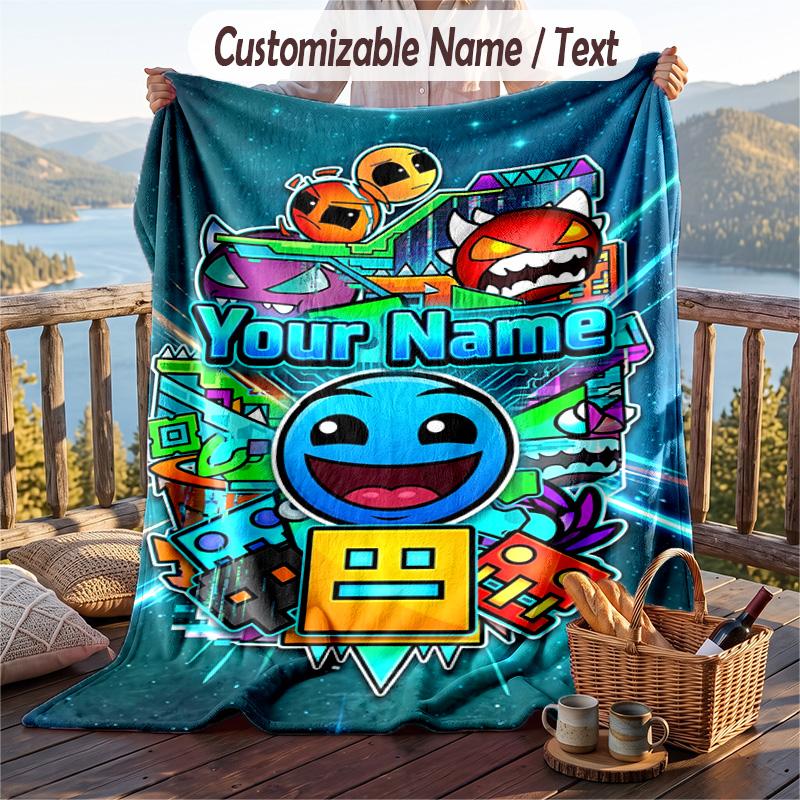 Geometry Dash Flannel Blanket, Personalized Custom Name Text, Soft Warm Plush Throw Blanket For Gift