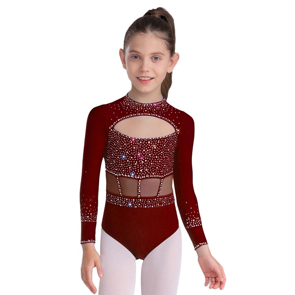 Girls Dance Bodysuit Long Sleeve Rhinestone Leotard with Back Zipper & Cutout for Performance