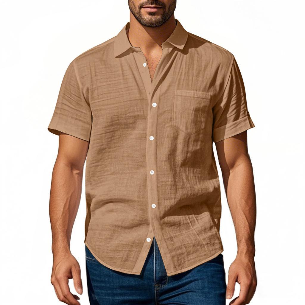 Men's Linen Relaxed Fit Casual Henley Collar Short-Sleeved Shirt