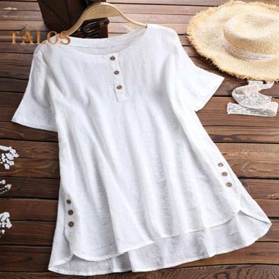 Damen Sommer Tops Kurzarm Rundhals Loose Fit T-Shirt Knöpfe Ausschnitt Unregelmäßiger Saum Einfarbig Dünnes T-Shirt