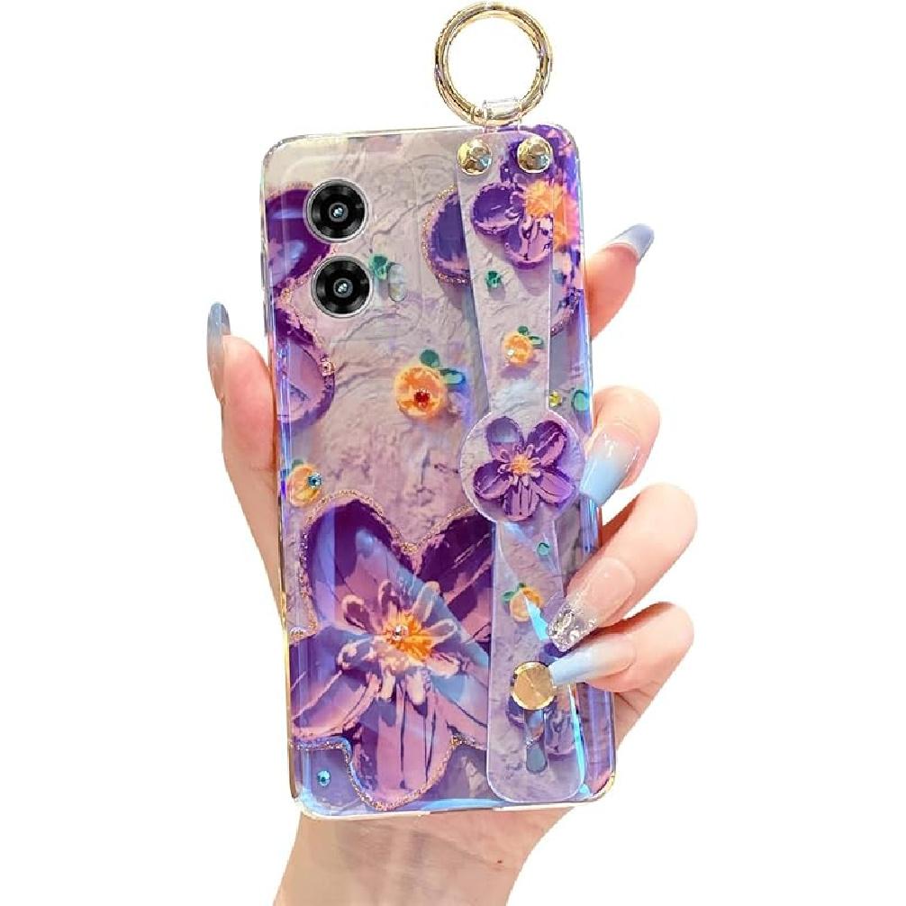 for Motorola Moto G 5G 2024 Case 6.6  Cute with Wrist Strap Stand Glitter Bling Cartoon IMD Soft TPU Shockproof Protective Case Cover for Girls Women Purple Flower