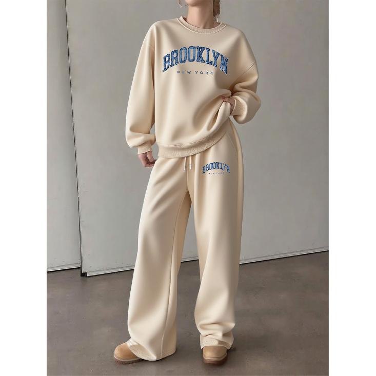 Bedrucktes Damen-2-Teile-Set: Rundhals-Sweatshirt & Hose mit Kordelzug und geradem Bein, Herbst/Winter Loungewear