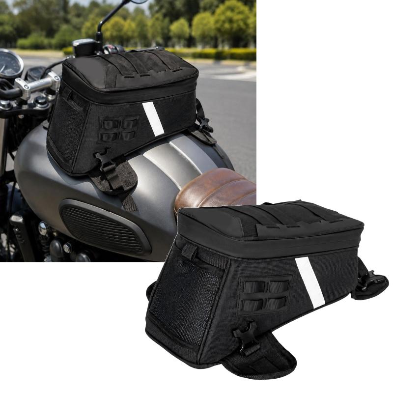 Motorcycle Tank Storage Bag, 5L Polyester Fabric Pouch with Buckle Strap Mounting, Top Opening Access and Carry Along Use for Road Travel Stops