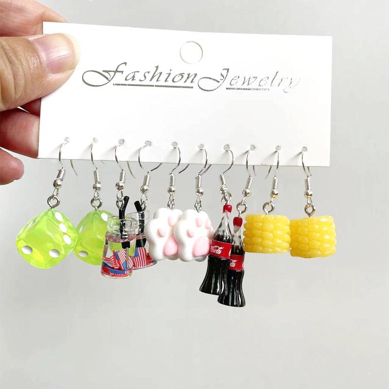 5 Pair Set Small Fresh Colored Resin Pendant Earrings Art Sweet and Cute Fruit Animal Milk Tea Earrings Female