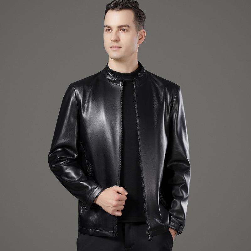 Genuine Leather Jacket Men's Sheepskin Autumn and Winter Stand-up Collar Daddy Leather Jacket Middle-aged Plus Velvet Warm Jacket