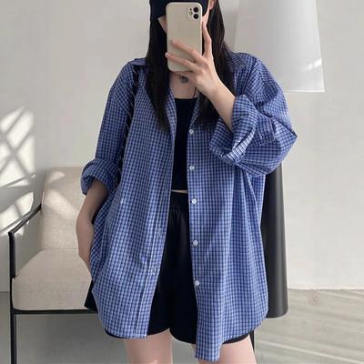 Womens Loose Blue Plaid Long Sleeve Casual College Style Shirt Outerwear