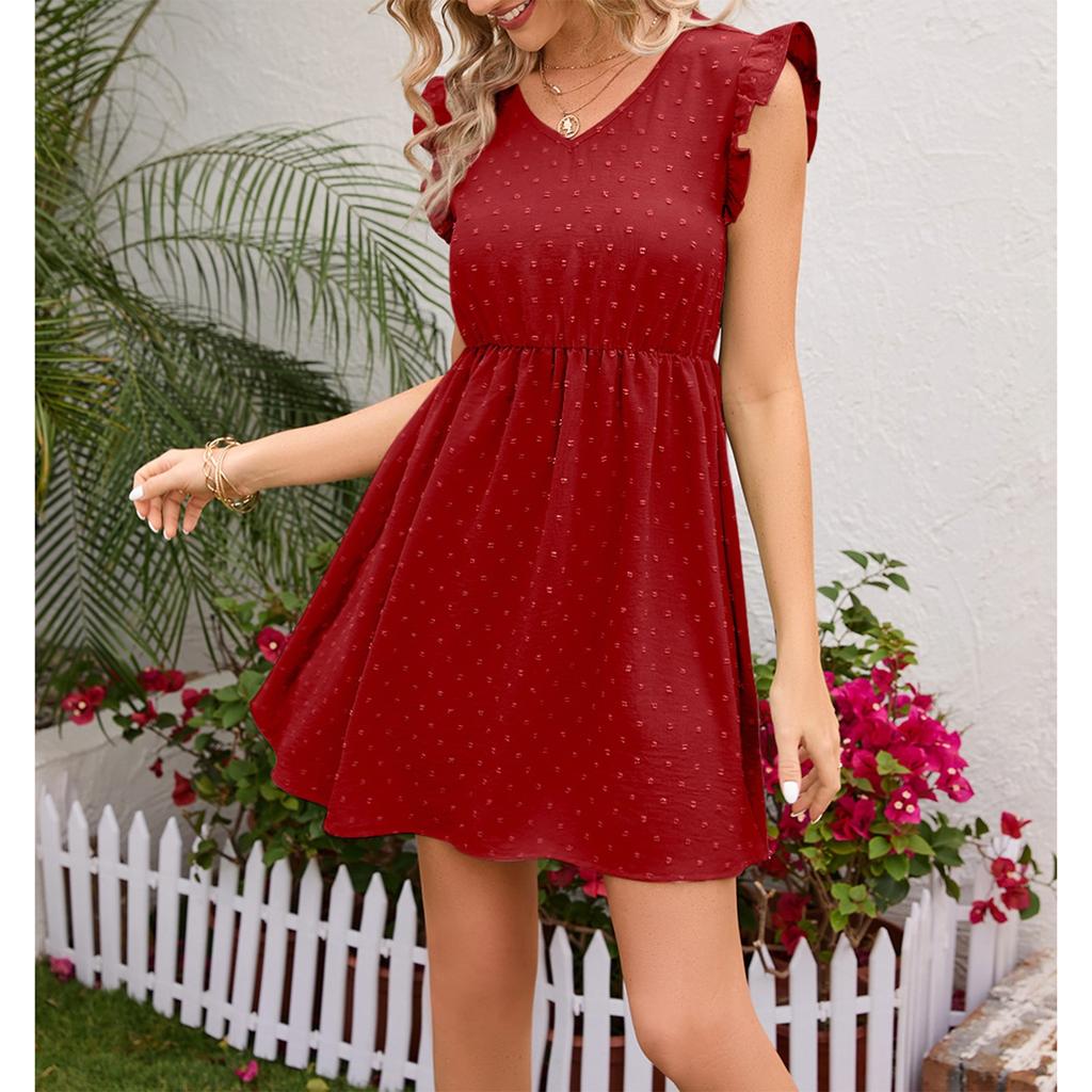 Women's Summer Fashion Color V-Neck Wooden Ears Waist Waist Vacation Casual Dress