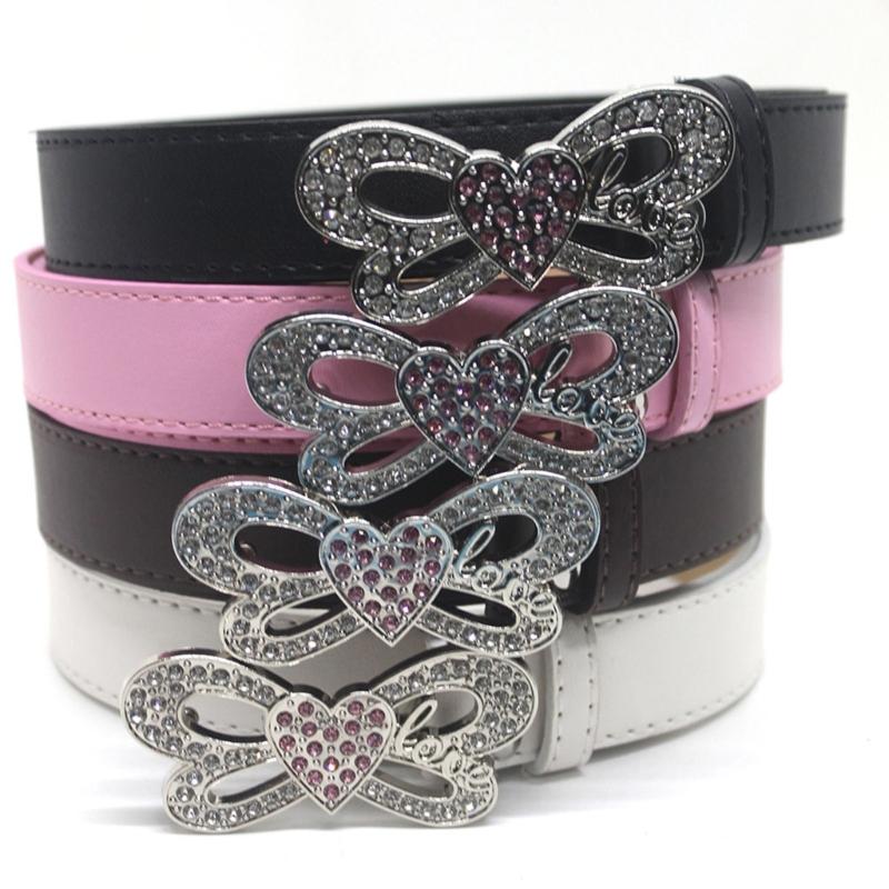 Shinning Rhinestone Waist Belts with Heart&Butterfly Buckle for Rock Fan Adjust Belt for Teens Female Jeans Skirt