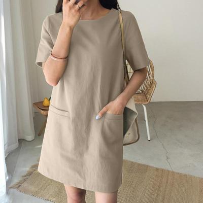 Women Summer Casual Loose Solid Short Sleeve Crew Neck Mini Shift Dress