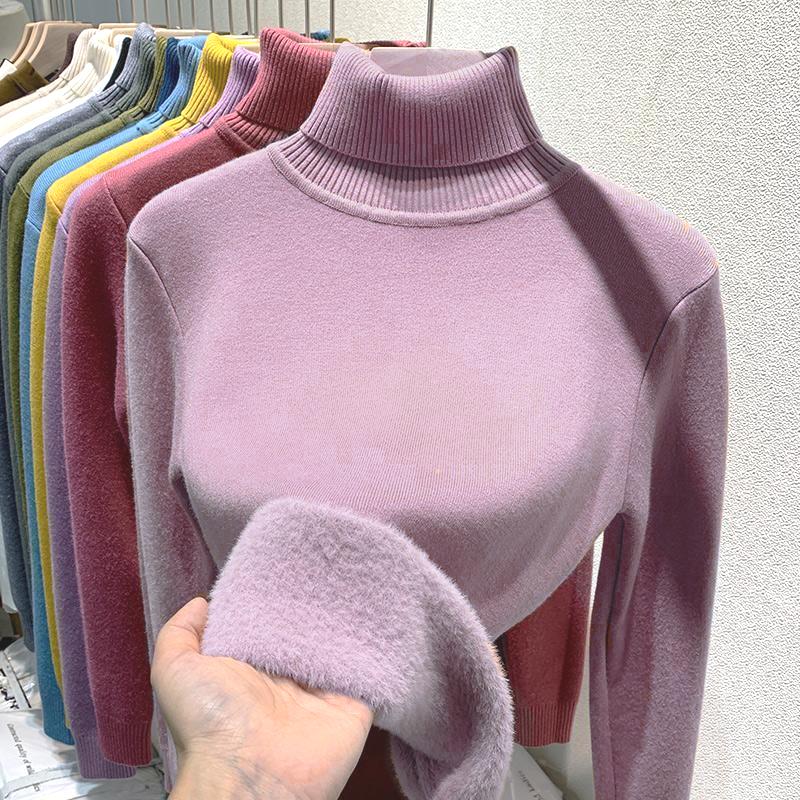 Rolák Zimní Svetr Dámský Elegantní Zesílený Sametová Podšívka Teplý Sueter Pletený Pulovr Slim Top Pletené Oblečení Svetr