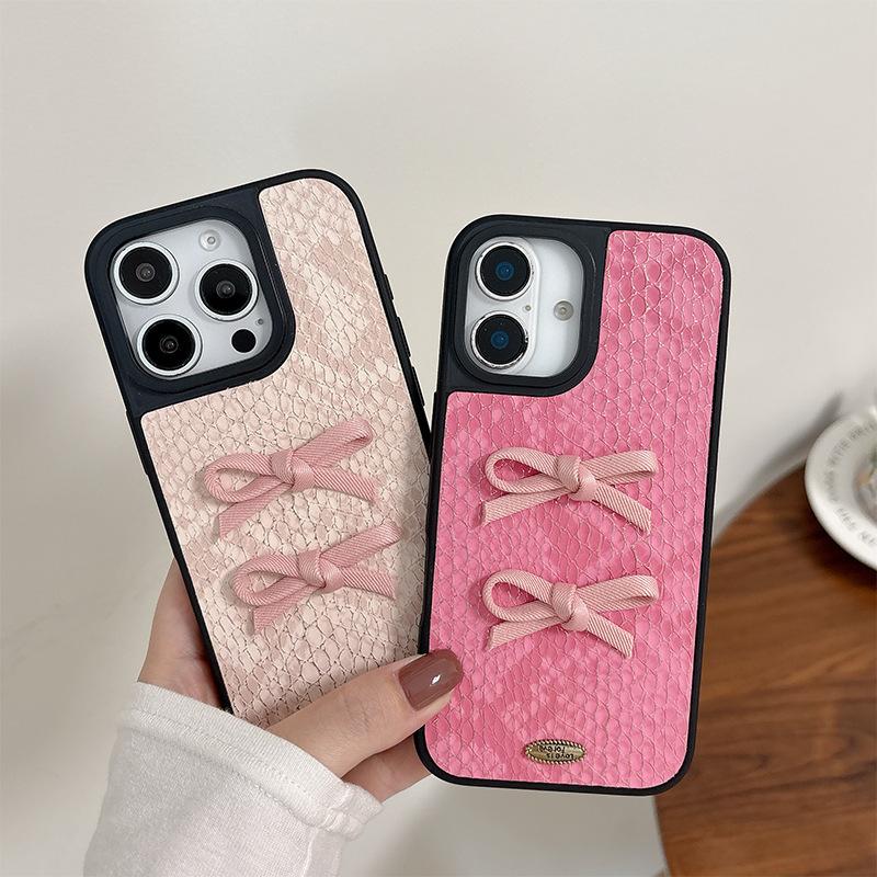 Solid Color Snakeskin Pattern Mobile Phone Case for IPhone17pro Three-dimensional Bow for Apple 16plus Simple and Light Luxury