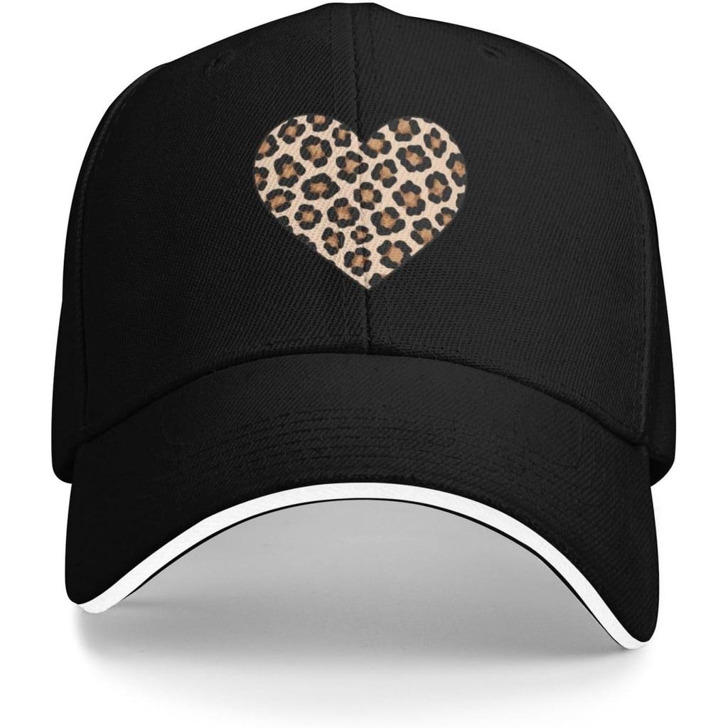 Leopard Heart Print Baseball Cap Casual Polyester Sun Protection Adjustable Hat for Adults