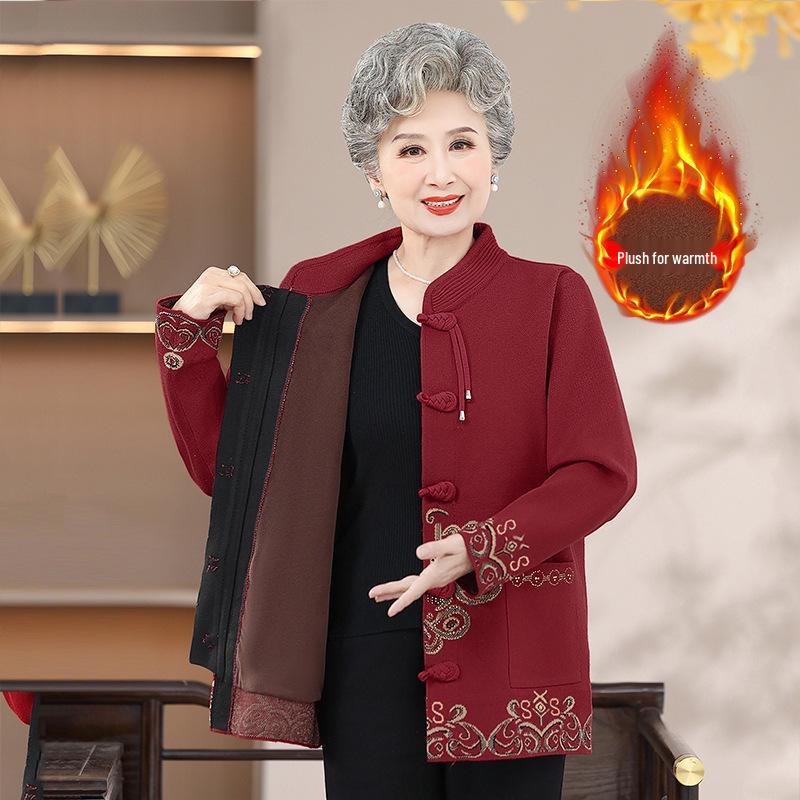 Women's Knitted Jacquard Sweater - Chinese Style Frog Button, Plus Velvet, Autumn/Winter Coat for Middle-aged and Elderly